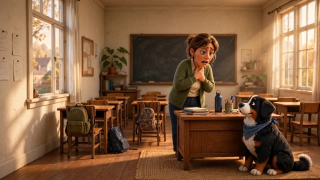Una profesora cansada en la sala de clases se toca el cuello; Rhino la mira.